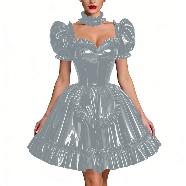 Glossy Latex-look Sissy Maid Dress French Pleated Maid Prom Dress Outfits Halloween PVC Leather Puff Sleeve Apron Party Dresses