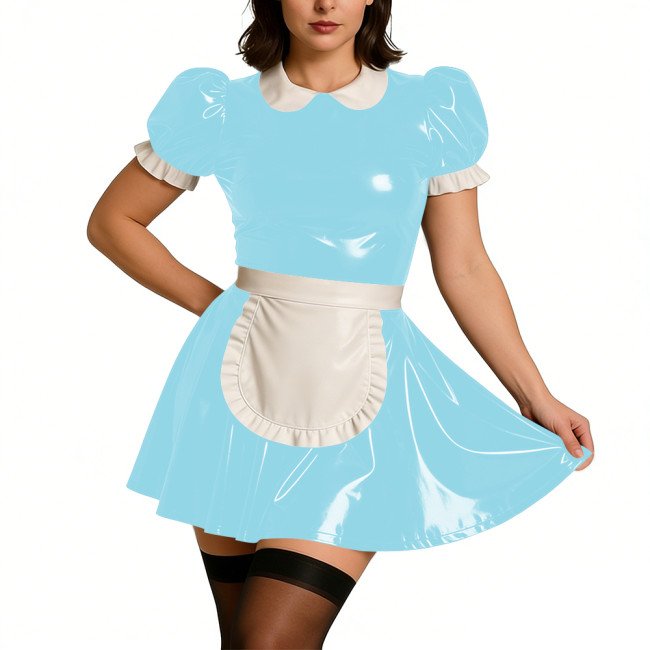 Ladies Sweet Mini Maid Dress Wetlook PVC Leather Apron Maid Uniform Halloween Party Cosplay French Butler Cook Maid Fancy Dress