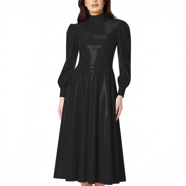 PVC Glossy Latex-look Midi Dress for Women High Neck Puff Long Sleeve Shiny Party Dress Gown Ladies Pleated Dresses Clubwear