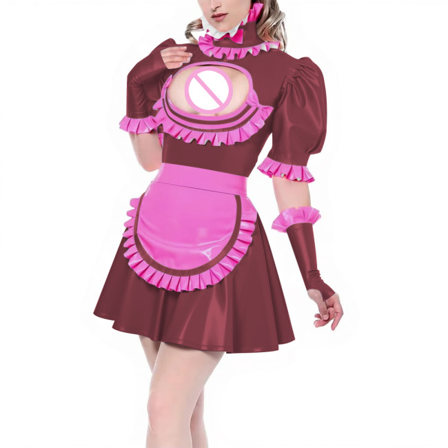 Sissy Puff Short Sleeve Pleated A-line Maid Dress with Ruffles Apron Gloves Latex-look PVC Leather Party Cosplay Maid Uniforms