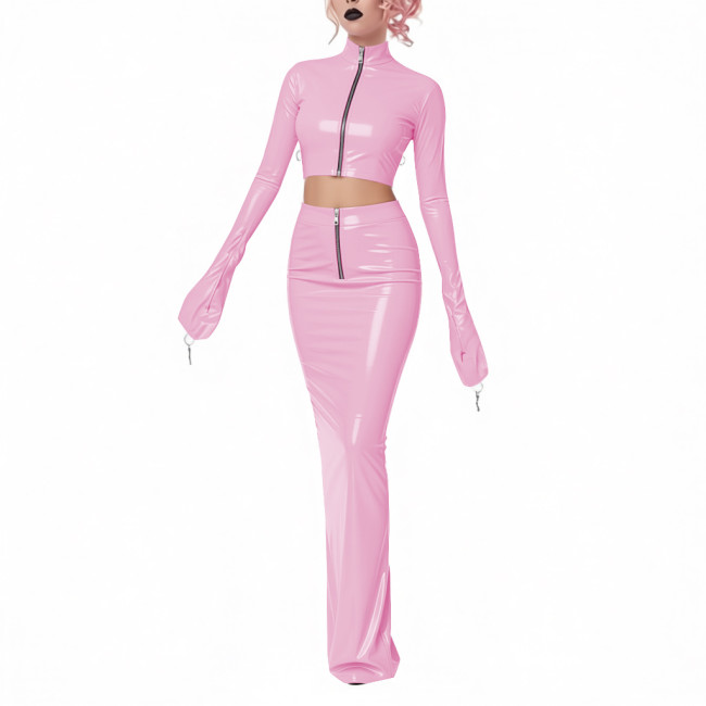 Exotic Shiny Latex-look 2-Piece Set PVC Leather Zipper Full Sleeve Crop Jacket High-Waisted Maxi Skirt Womens Club Party Outfit