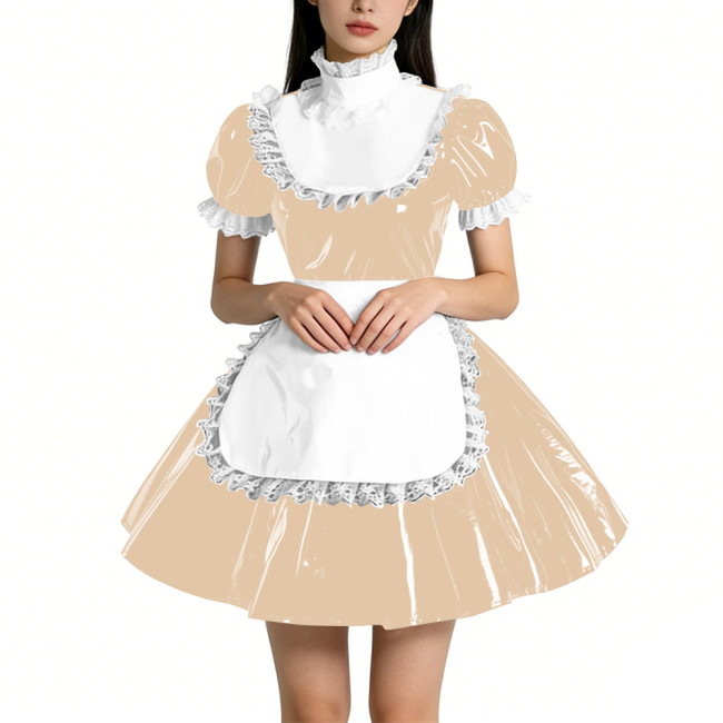 Sweet Vinyl PVC Leather Ruffles High Collar Mini Maid Dress Outfits Womens Puff Sleeve A-line Pleated Maid Uniform Crossdresser