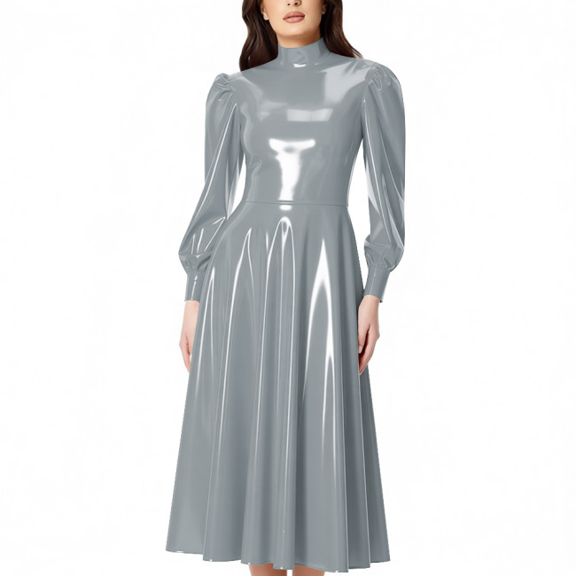 PVC Glossy Latex-look Midi Dress for Women High Neck Puff Long Sleeve Shiny Party Dress Gown Ladies Pleated Dresses Clubwear