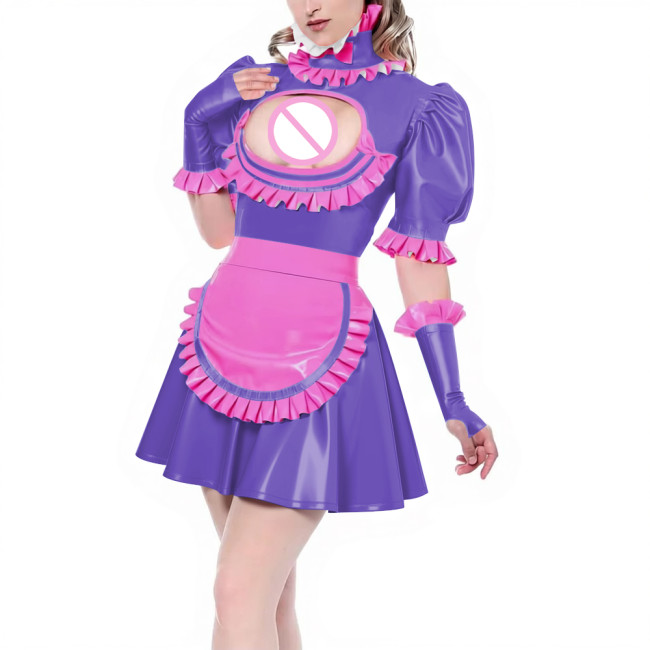Sissy Puff Short Sleeve Pleated A-line Maid Dress with Ruffles Apron Gloves Latex-look PVC Leather Party Cosplay Maid Uniforms