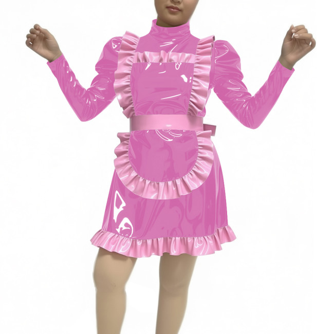 Adult Women Sexy PVC Faux Leather Maid Uniform Wetlook Long Sleeve A-line Maid Outfit Halloween Cosplay Party Fancy Maid Costume