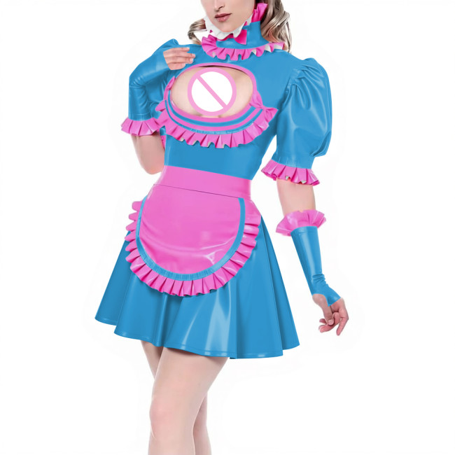 Sissy Puff Short Sleeve Pleated A-line Maid Dress with Ruffles Apron Gloves Latex-look PVC Leather Party Cosplay Maid Uniforms