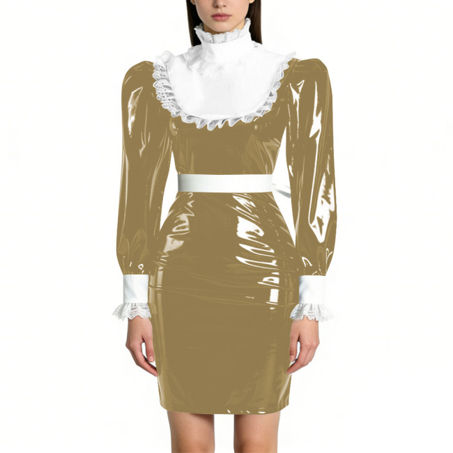 Womens Elegant Maid Pencil Dress Ruffles Collar PVC Shiny Slim Dress for Waiter Party Cosplay Costume Sissy Wetlook Maid Outfits