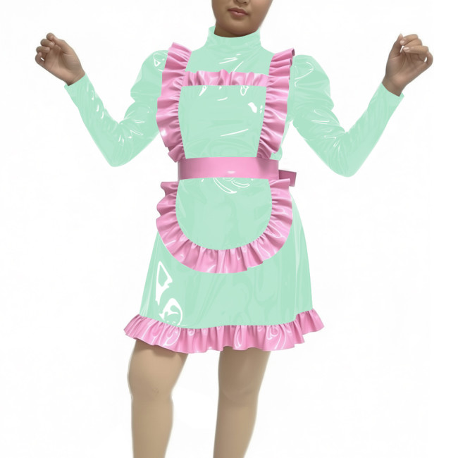 Adult Women Sexy PVC Faux Leather Maid Uniform Wetlook Long Sleeve A-line Maid Outfit Halloween Cosplay Party Fancy Maid Costume