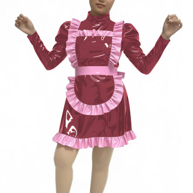 Adult Women Sexy PVC Faux Leather Maid Uniform Wetlook Long Sleeve A-line Maid Outfit Halloween Cosplay Party Fancy Maid Costume