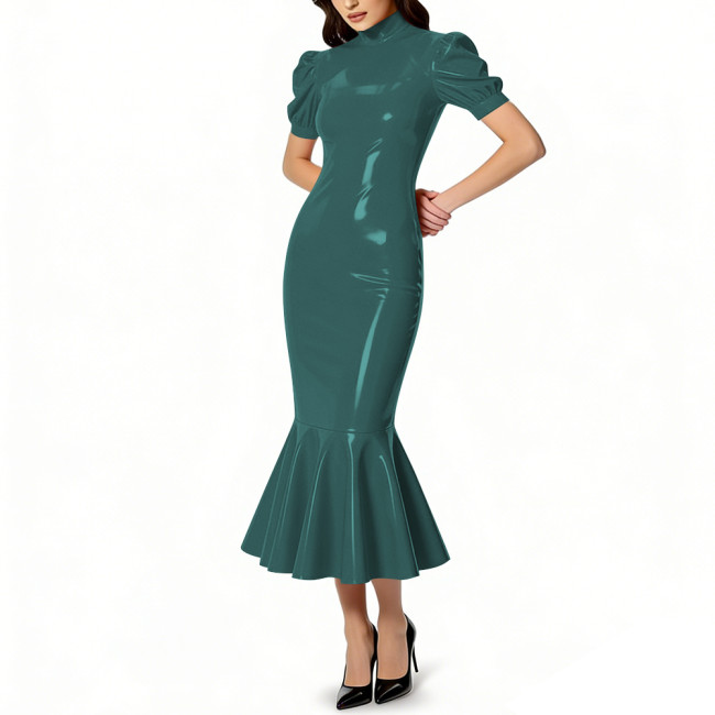 Glossy PVC Leather Turtleneck Midi Mermaid Dress for Womens Shiny Elegant Party Formal Flared Hem Dresses Gown Female Vestidos