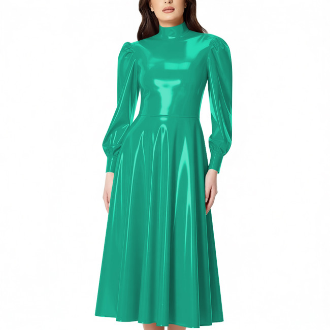 PVC Glossy Latex-look Midi Dress for Women High Neck Puff Long Sleeve Shiny Party Dress Gown Ladies Pleated Dresses Clubwear