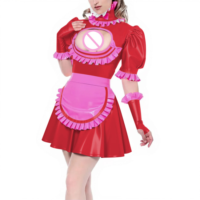 Sissy Puff Short Sleeve Pleated A-line Maid Dress with Ruffles Apron Gloves Latex-look PVC Leather Party Cosplay Maid Uniforms