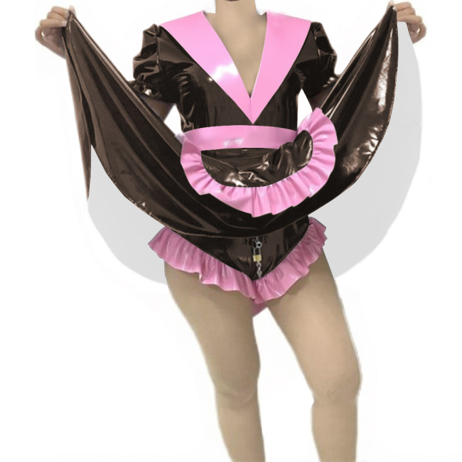 Adult Sissy Vinyl PVC Leather Skirted Bodysuit Deep V-neck Patchwork Pleated Maid Dresses Glossy Lockable Cosplay Maid Uniform