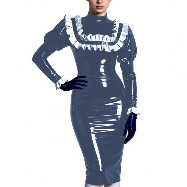 High Neck Puff Sleeve Glossy Bodycon Midi Dress Womens Ruffles Trim Sexy Club Party Dresses Shiny Fashion Fetish Outfit S-7XL