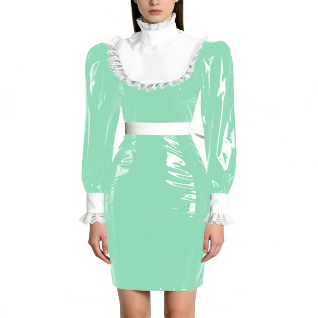 Womens Elegant Maid Pencil Dress Ruffles Collar PVC Shiny Slim Dress for Waiter Party Cosplay Costume Sissy Wetlook Maid Outfits