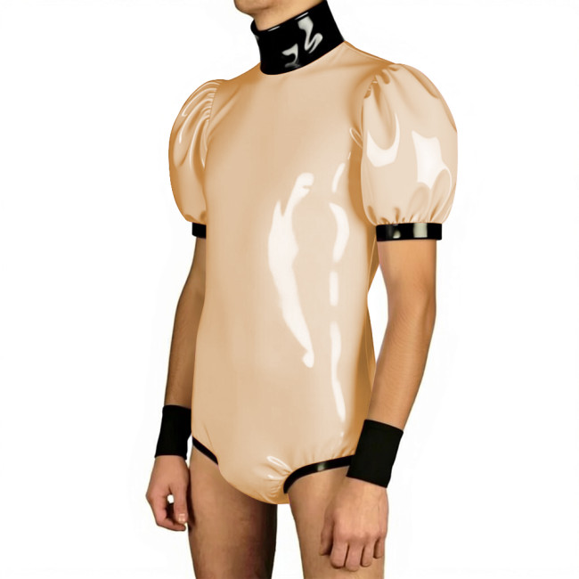 Mens Glossy Puff Sleeves PVC Bodysuit High Neck Patchwork Vinyl Leather One-piece Rompers Wetlook Male Leotard Party Clubwear