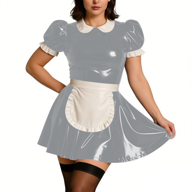 Ladies Sweet Mini Maid Dress Wetlook PVC Leather Apron Maid Uniform Halloween Party Cosplay French Butler Cook Maid Fancy Dress