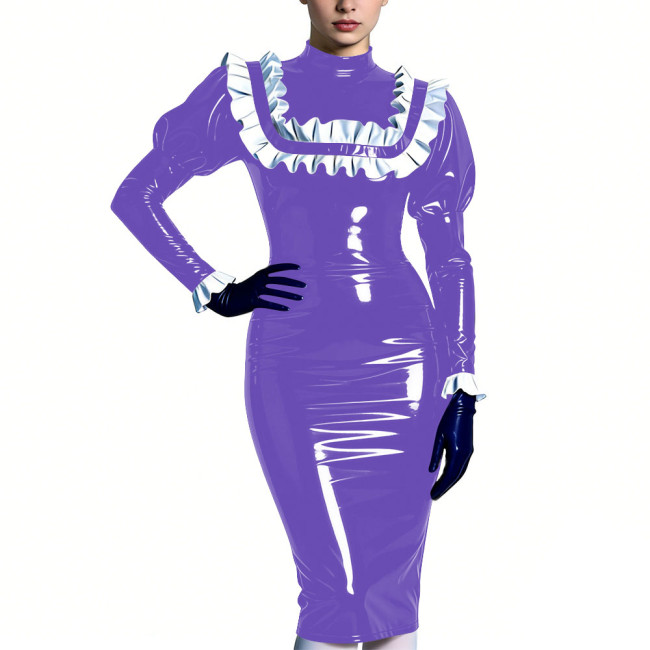 High Neck Puff Sleeve Glossy Bodycon Midi Dress Womens Ruffles Trim Sexy Club Party Dresses Shiny Fashion Fetish Outfit S-7XL