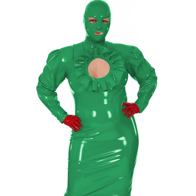 Latex-look PVC Maxi Dress for Women Glossy Long-Sleeve Bodycon Gown with Ruffle Cutout Sexy Club Party Shiny Erotic Hooded Dress