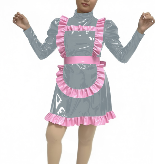 Adult Women Sexy PVC Faux Leather Maid Uniform Wetlook Long Sleeve A-line Maid Outfit Halloween Cosplay Party Fancy Maid Costume