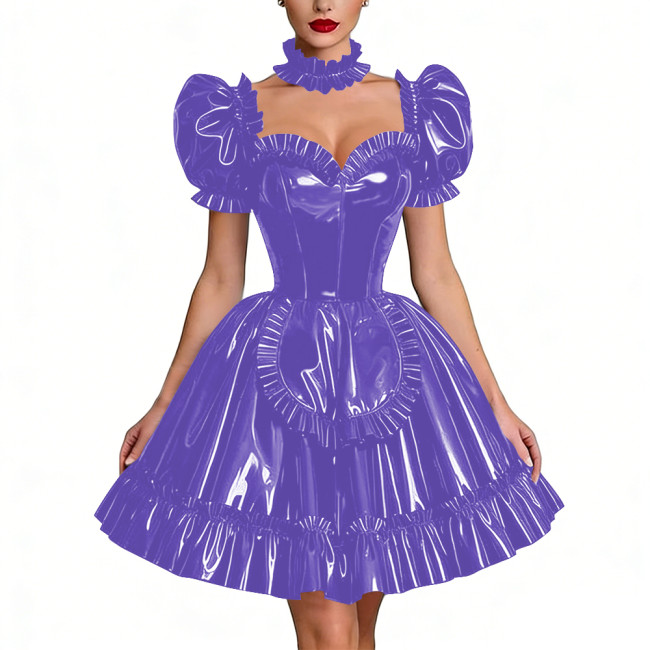 Glossy Latex-look Sissy Maid Dress French Pleated Maid Prom Dress Outfits Halloween PVC Leather Puff Sleeve Apron Party Dresses