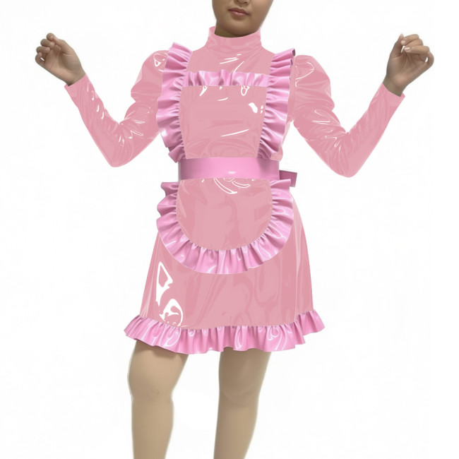 Adult Women Sexy PVC Faux Leather Maid Uniform Wetlook Long Sleeve A-line Maid Outfit Halloween Cosplay Party Fancy Maid Costume
