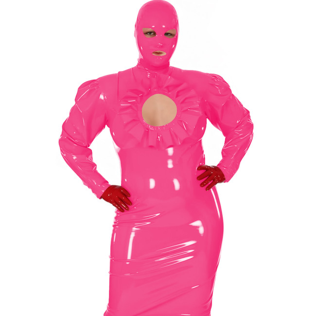 Latex-look PVC Maxi Dress for Women Glossy Long-Sleeve Bodycon Gown with Ruffle Cutout Sexy Club Party Shiny Erotic Hooded Dress