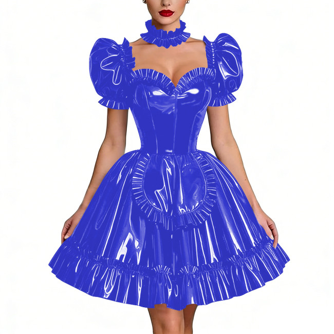 Glossy Latex-look Sissy Maid Dress French Pleated Maid Prom Dress Outfits Halloween PVC Leather Puff Sleeve Apron Party Dresses