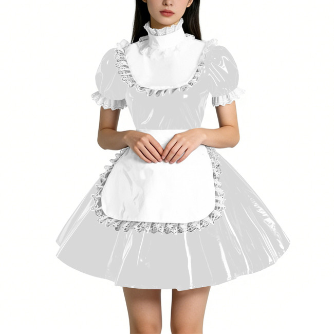 Sweet Vinyl PVC Leather Ruffles High Collar Mini Maid Dress Outfits Womens Puff Sleeve A-line Pleated Maid Uniform Crossdresser