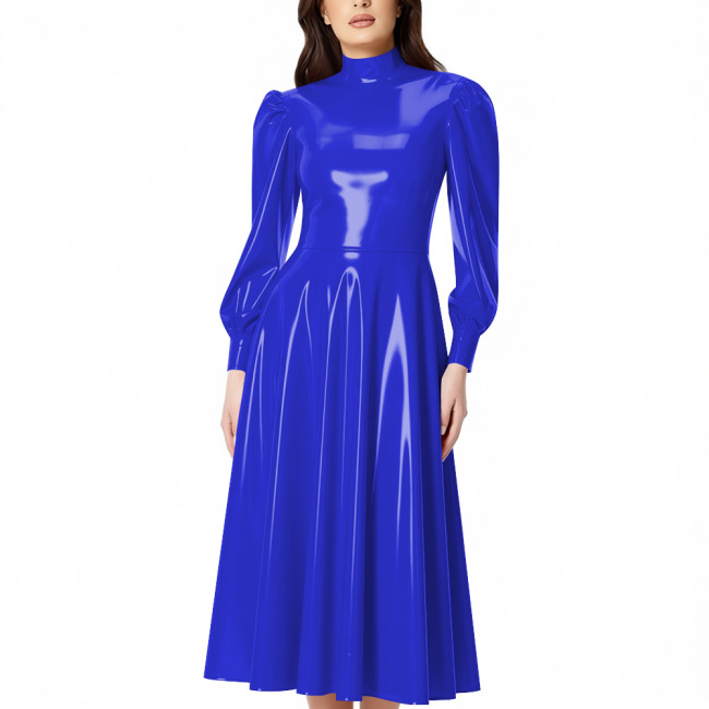PVC Glossy Latex-look Midi Dress for Women High Neck Puff Long Sleeve Shiny Party Dress Gown Ladies Pleated Dresses Clubwear