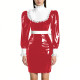 Womens Elegant Maid Pencil Dress Ruffles Collar PVC Shiny Slim Dress for Waiter Party Cosplay Costume Sissy Wetlook Maid Outfits