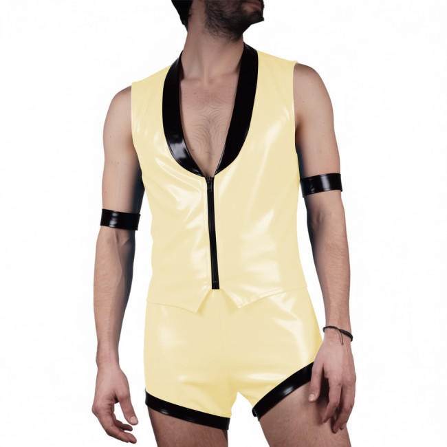 Mens Glossy PVC Leather Club Two-piece Outfit Wetlook Lapel Collar Sleeveless Jackets High Waist Shorts for Party Nightclub Wear