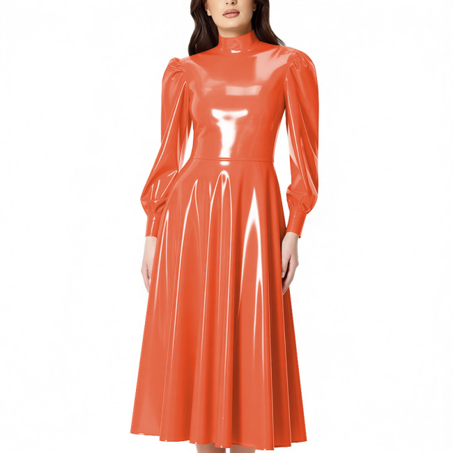 PVC Glossy Latex-look Midi Dress for Women High Neck Puff Long Sleeve Shiny Party Dress Gown Ladies Pleated Dresses Clubwear