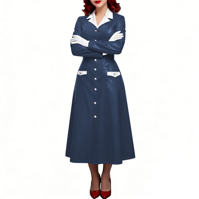 PVC Shiny Leather Single-breasted Nurse Dresses Turn-down Collar A-line Nurse Uniforms Halloween Doctor Nurse Cosplay Costume