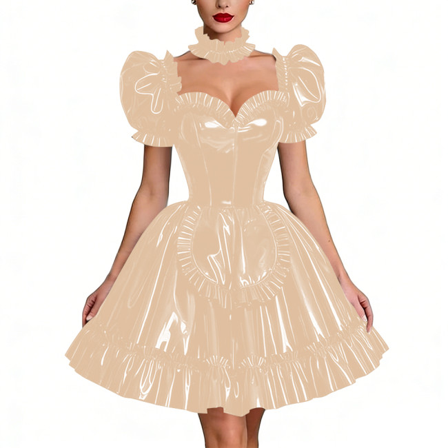 Glossy Latex-look Sissy Maid Dress French Pleated Maid Prom Dress Outfits Halloween PVC Leather Puff Sleeve Apron Party Dresses