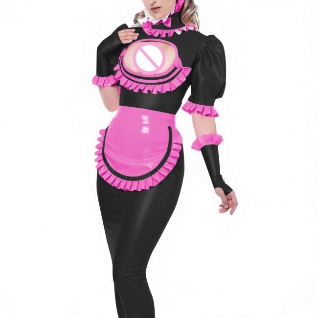 Sexy Vinyl PVC Leather Bodycon Long Maid Dress with Ruffles Collar Hollow Matching Gloves Sissy Fetish Party Cosplay Maid Outfit