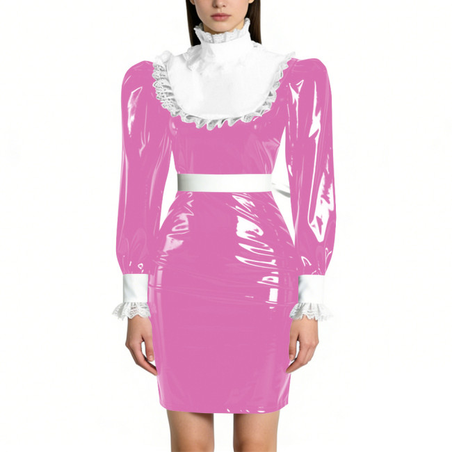 Womens Elegant Maid Pencil Dress Ruffles Collar PVC Shiny Slim Dress for Waiter Party Cosplay Costume Sissy Wetlook Maid Outfits