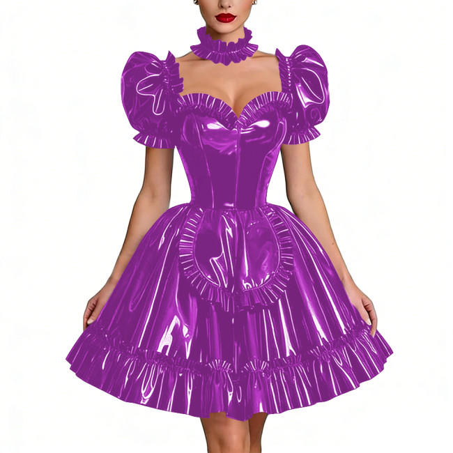 Glossy Latex-look Sissy Maid Dress French Pleated Maid Prom Dress Outfits Halloween PVC Leather Puff Sleeve Apron Party Dresses