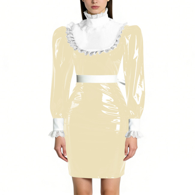 Womens Elegant Maid Pencil Dress Ruffles Collar PVC Shiny Slim Dress for Waiter Party Cosplay Costume Sissy Wetlook Maid Outfits