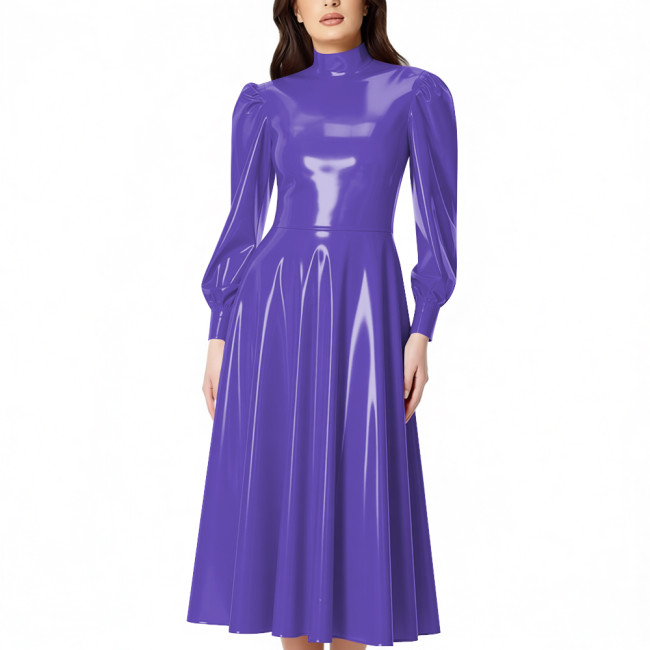 PVC Glossy Latex-look Midi Dress for Women High Neck Puff Long Sleeve Shiny Party Dress Gown Ladies Pleated Dresses Clubwear