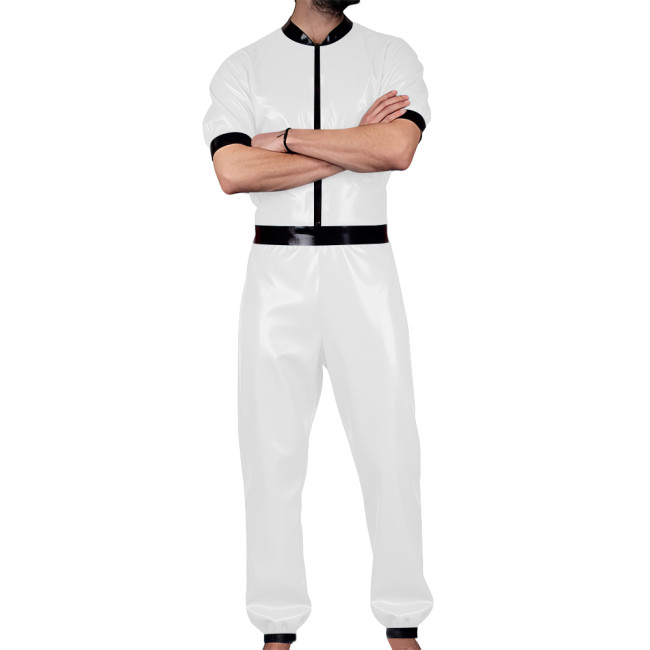 Wet Look PVC Mens Jumpsuit Glossy Leather Club Cosplay Catsuit Male Zipper Front Short Sleeve Trousers Romper Party Stage Wear