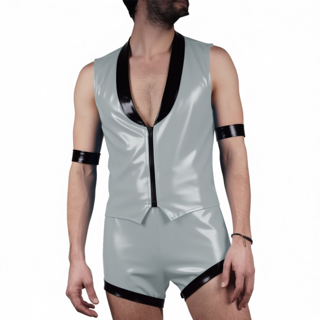 Mens Glossy PVC Leather Club Two-piece Outfit Wetlook Lapel Collar Sleeveless Jackets High Waist Shorts for Party Nightclub Wear