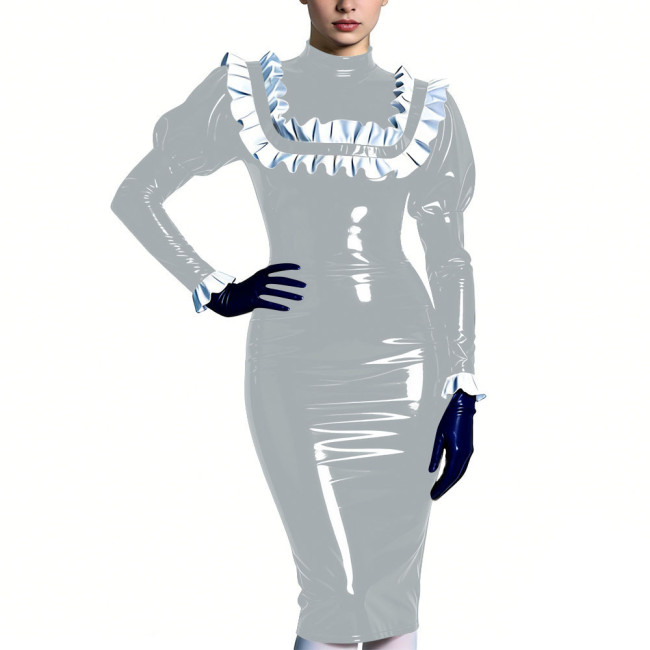 High Neck Puff Sleeve Glossy Bodycon Midi Dress Womens Ruffles Trim Sexy Club Party Dresses Shiny Fashion Fetish Outfit S-7XL