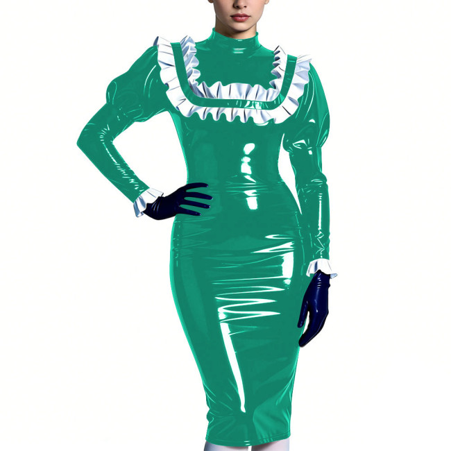 High Neck Puff Sleeve Glossy Bodycon Midi Dress Womens Ruffles Trim Sexy Club Party Dresses Shiny Fashion Fetish Outfit S-7XL