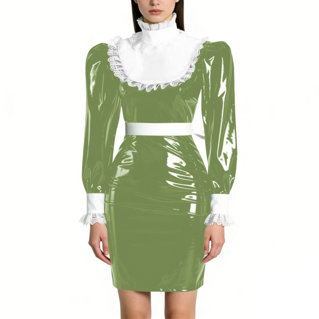 Womens Elegant Maid Pencil Dress Ruffles Collar PVC Shiny Slim Dress for Waiter Party Cosplay Costume Sissy Wetlook Maid Outfits