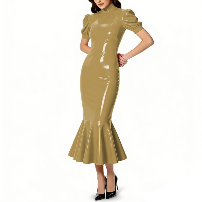 Glossy PVC Leather Turtleneck Midi Mermaid Dress for Womens Shiny Elegant Party Formal Flared Hem Dresses Gown Female Vestidos