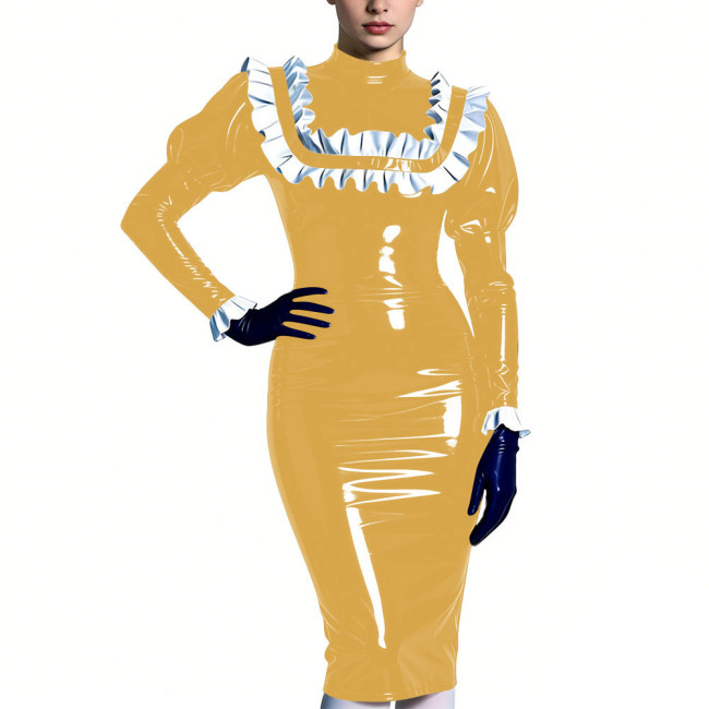 High Neck Puff Sleeve Glossy Bodycon Midi Dress Womens Ruffles Trim Sexy Club Party Dresses Shiny Fashion Fetish Outfit S-7XL