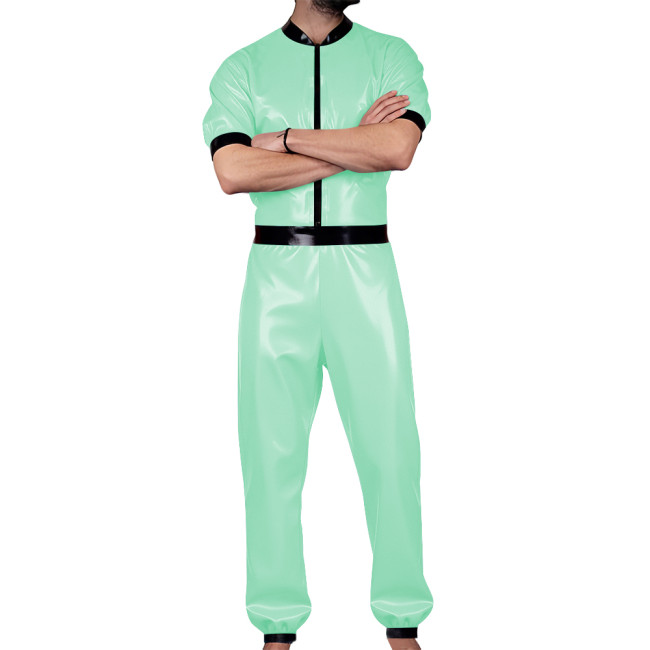 Wet Look PVC Mens Jumpsuit Glossy Leather Club Cosplay Catsuit Male Zipper Front Short Sleeve Trousers Romper Party Stage Wear