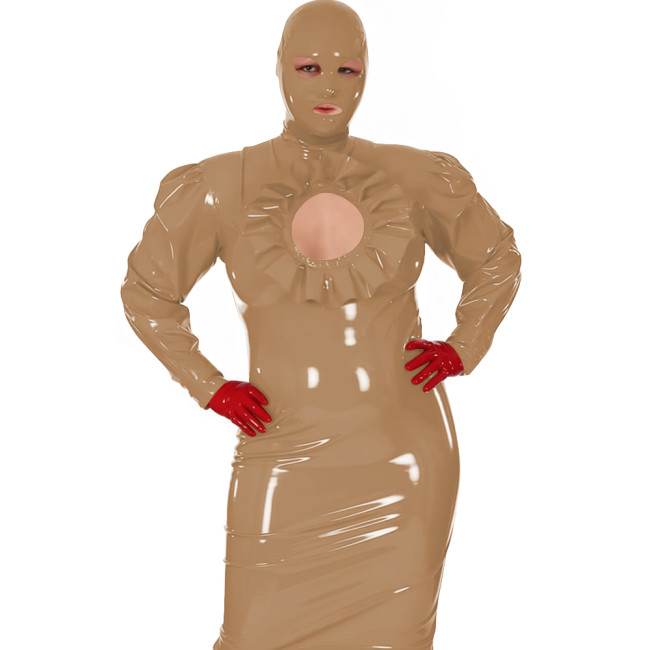 Latex-look PVC Maxi Dress for Women Glossy Long-Sleeve Bodycon Gown with Ruffle Cutout Sexy Club Party Shiny Erotic Hooded Dress