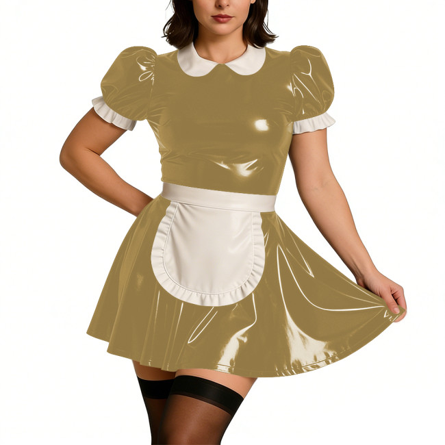 Ladies Sweet Mini Maid Dress Wetlook PVC Leather Apron Maid Uniform Halloween Party Cosplay French Butler Cook Maid Fancy Dress